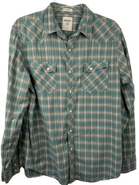 Fossil Vintage Fit Aqua Beige Plaid Long Sleeve Pearl Snap Shirt Men's Lg Casual